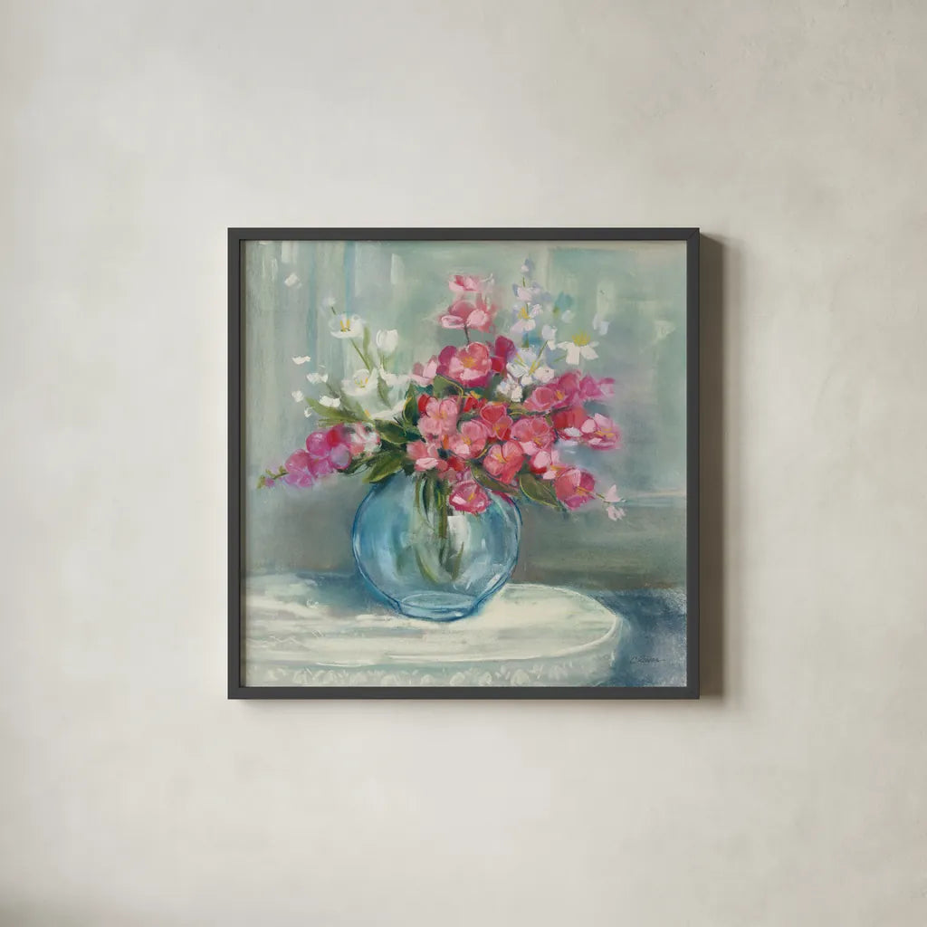 Spring Bouquet I Crop by Carol Rowan. Shown in a sleek black glass frame for a contemporary gallery look. Available as an archival giclee rolled canvas, fine art paper, or poster print. SKU 38627a.