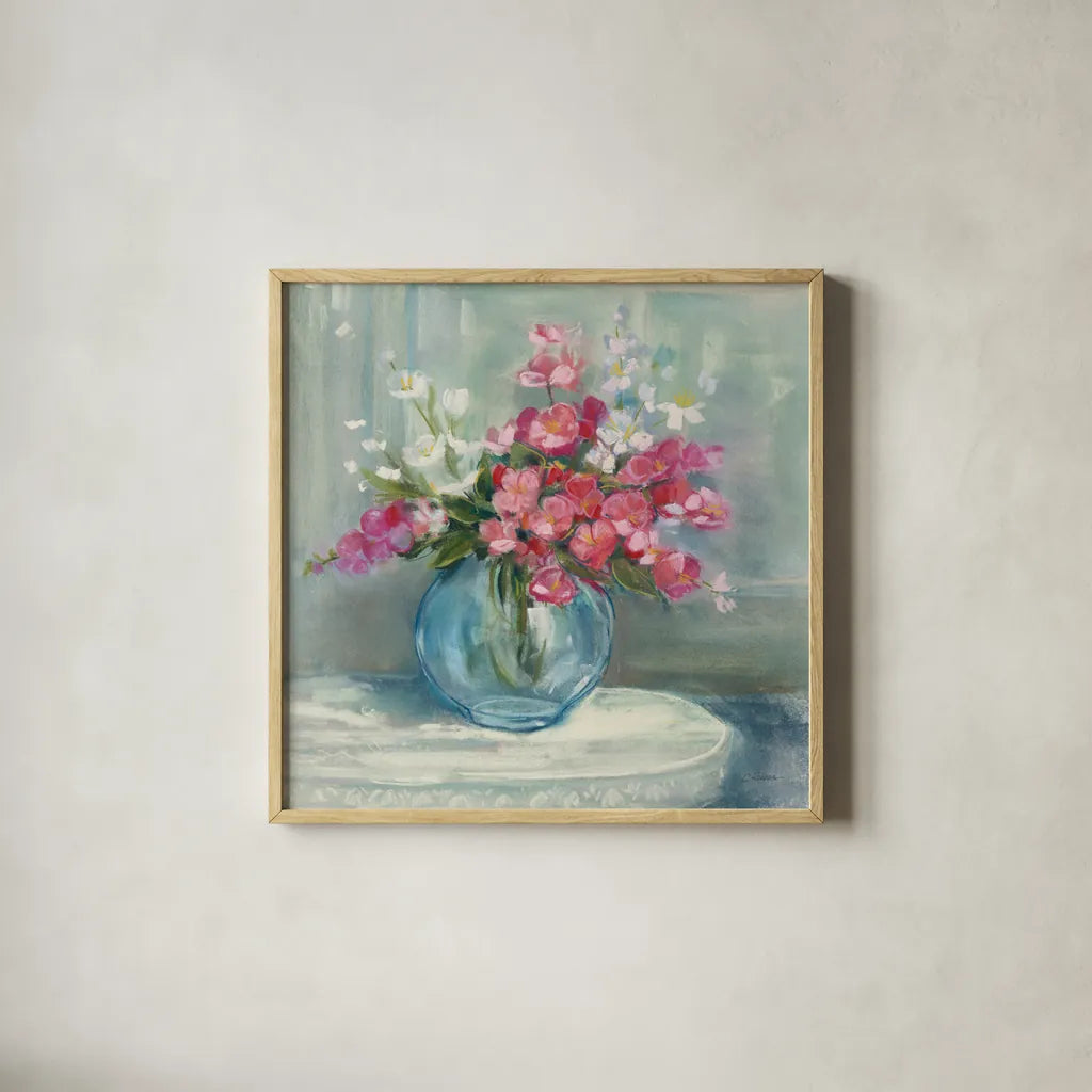 Spring Bouquet I Crop by Carol Rowan. Shown in a natural wood glass frame for a timeless modern aesthetic. Available as an archival giclee rolled canvas, fine art paper, or poster print. SKU 38627a.