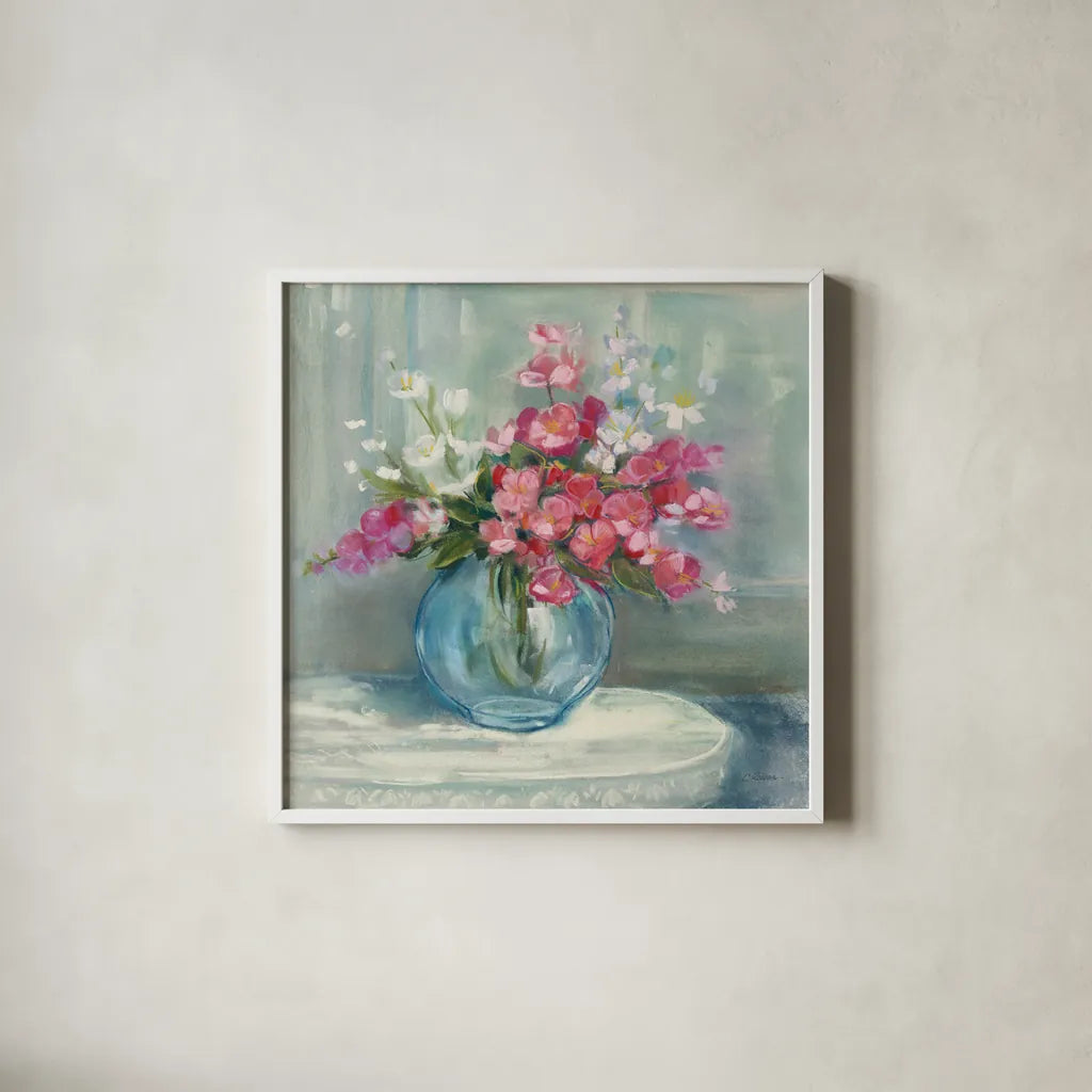 Spring Bouquet I Crop by Carol Rowan. Shown in a crisp white glass frame for a clean and minimalist style. Available as an archival giclee rolled canvas, fine art paper, or poster print. SKU 38627a.