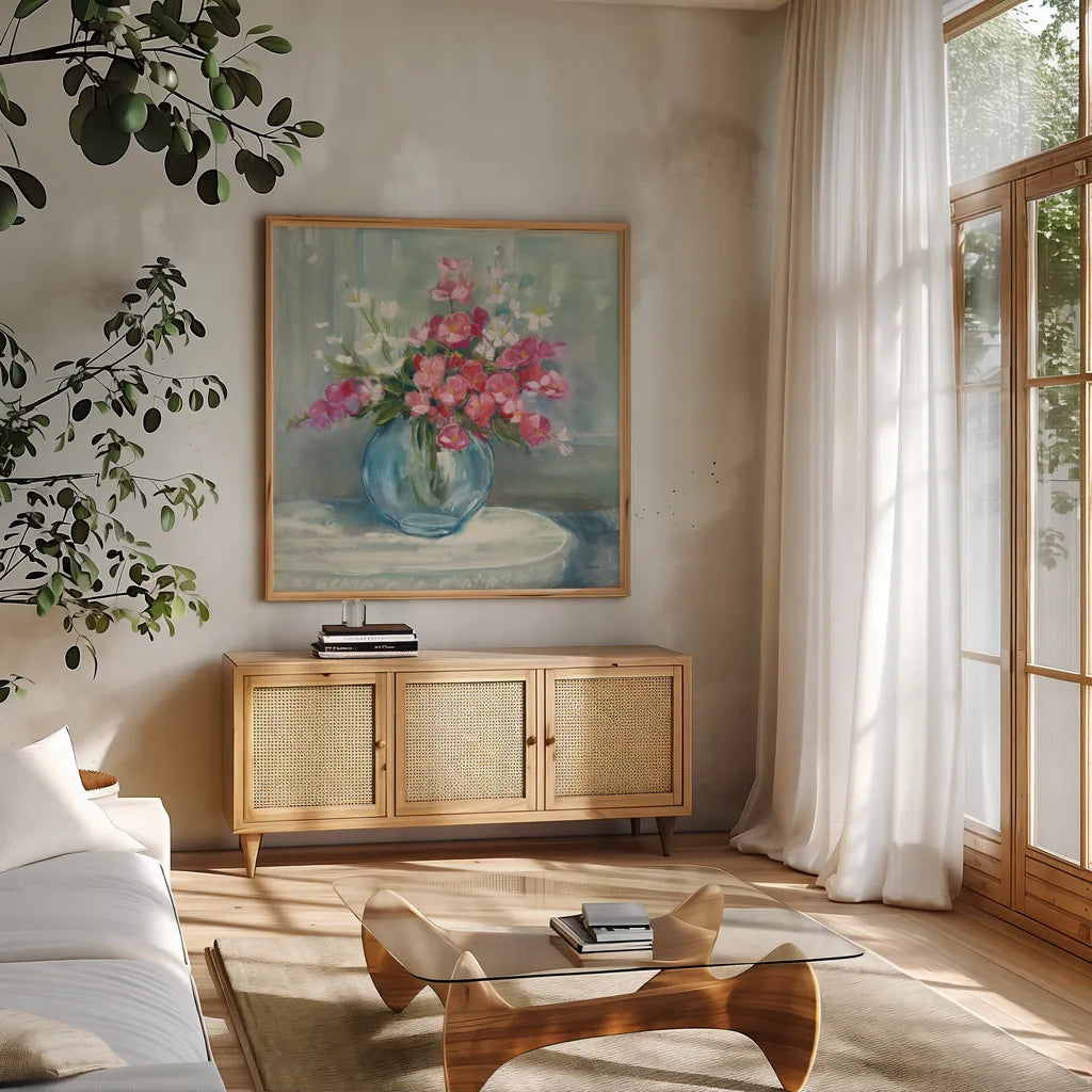 Spring Bouquet I Crop by Carol Rowan. Shown in a natural wood frame in a cozy modern living room. Available as an archival giclee rolled canvas, fine art paper, or poster print. SKU 38627a.