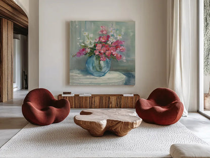 Spring Bouquet I Crop by Carol Rowan. Shown as extra-large giant wall art in a modern living room. Available as an archival giclee rolled canvas, fine art paper, or poster print. SKU 38627a.