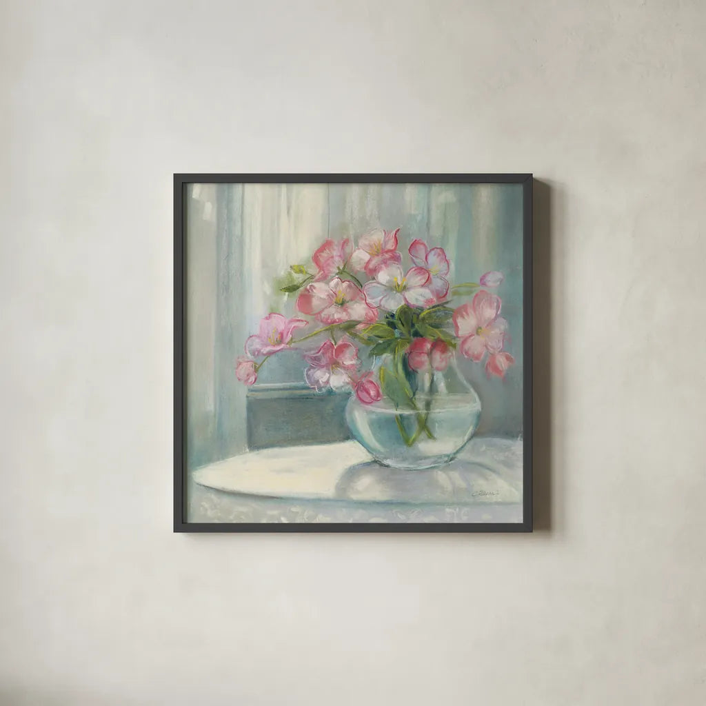 Spring Bouquet II Crop by Carol Rowan. Shown in a sleek black glass frame for a contemporary gallery look. Available as an archival giclee rolled canvas, fine art paper, or poster print. SKU 38628a.