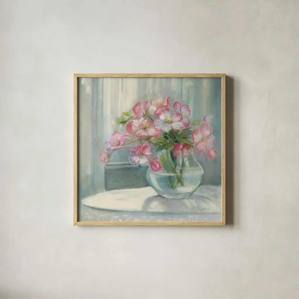 Spring Bouquet II Crop by Carol Rowan. Shown in a natural wood glass frame for a timeless modern aesthetic. Available as an archival giclee rolled canvas, fine art paper, or poster print. SKU 38628a.