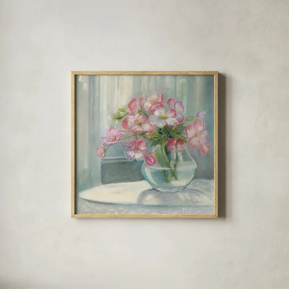 Spring Bouquet II Crop by Carol Rowan. Shown in a natural wood glass frame for a timeless modern aesthetic. Available as an archival giclee rolled canvas, fine art paper, or poster print. SKU 38628a.