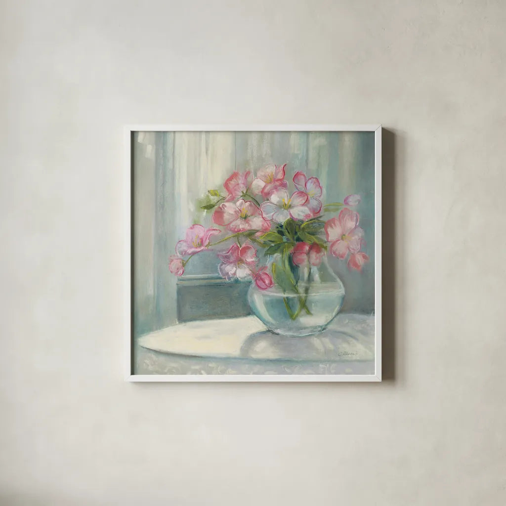 Spring Bouquet II Crop by Carol Rowan. Shown in a crisp white glass frame for a clean and minimalist style. Available as an archival giclee rolled canvas, fine art paper, or poster print. SKU 38628a.