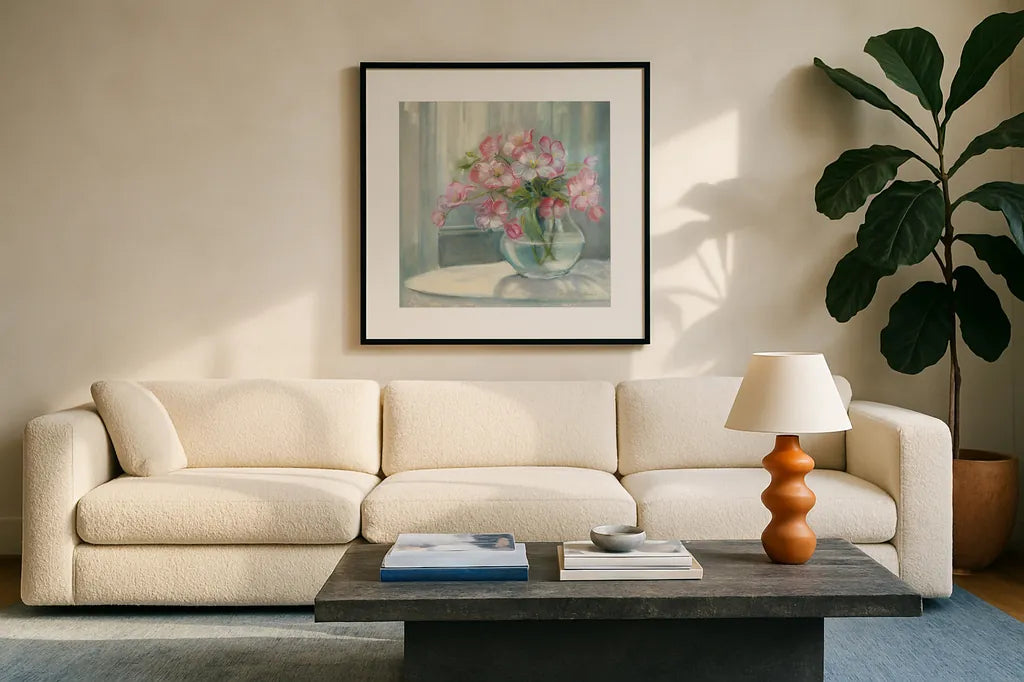 Spring Bouquet II Crop by Carol Rowan. Displayed in a glass frame with matte in a clean modern living room. Available as an archival giclee rolled canvas, fine art paper, or poster print. SKU 38628a.