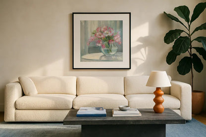 Spring Bouquet II Crop by Carol Rowan. Displayed in a glass frame with matte in a clean modern living room. Available as an archival giclee rolled canvas, fine art paper, or poster print. SKU 38628a.