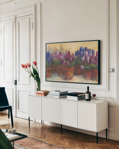 Spring Crocus by Carol Rowan. shown as a framed stretched canvas in a living room above a console. Available as a archival giclee rolled canvas, fine art paper, or poster print. SKU 9019i.