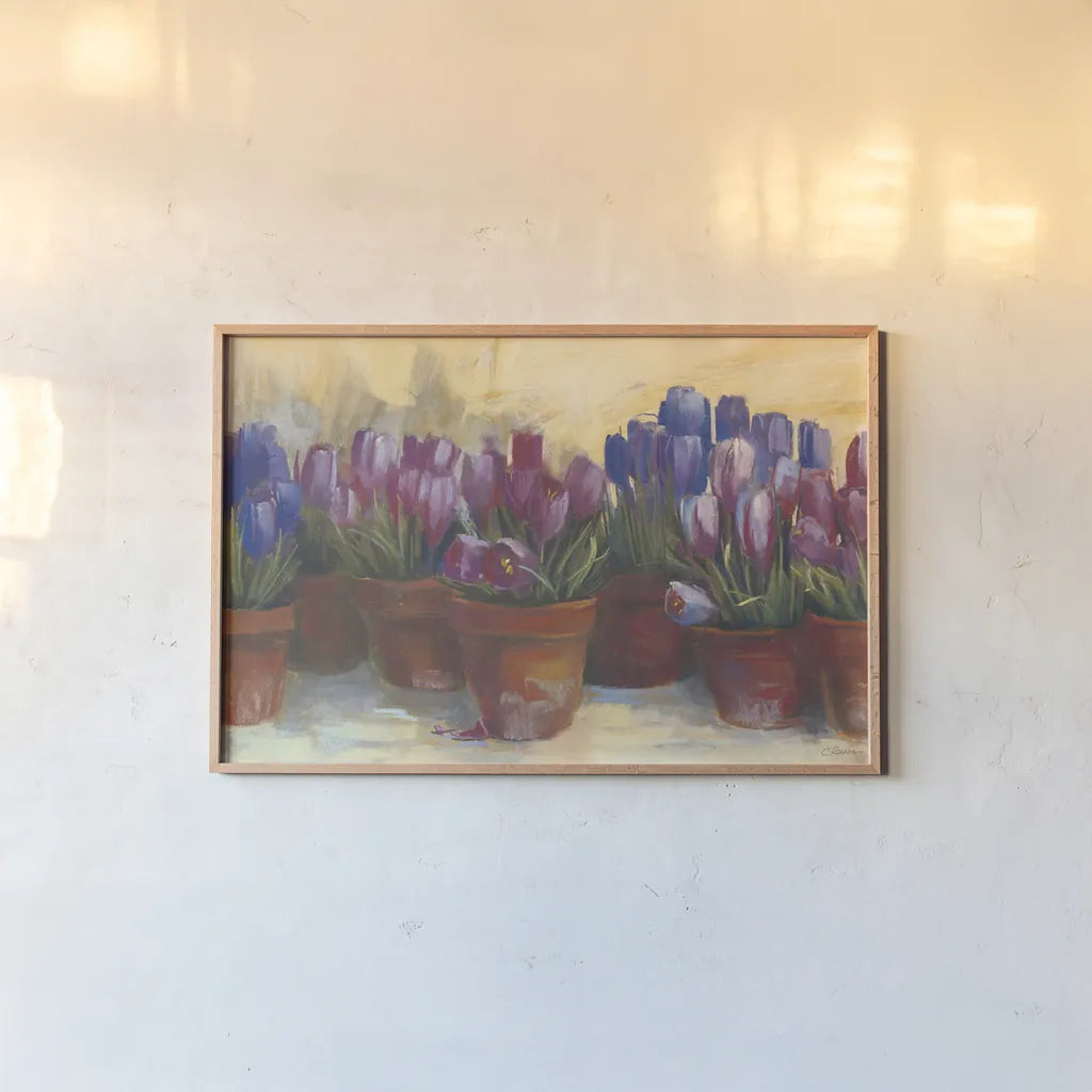 Spring Crocus by Carol Rowan. shown as a paper print in a natural frame. Available as a archival giclee rolled canvas, fine art paper, or poster print. SKU 9019i.