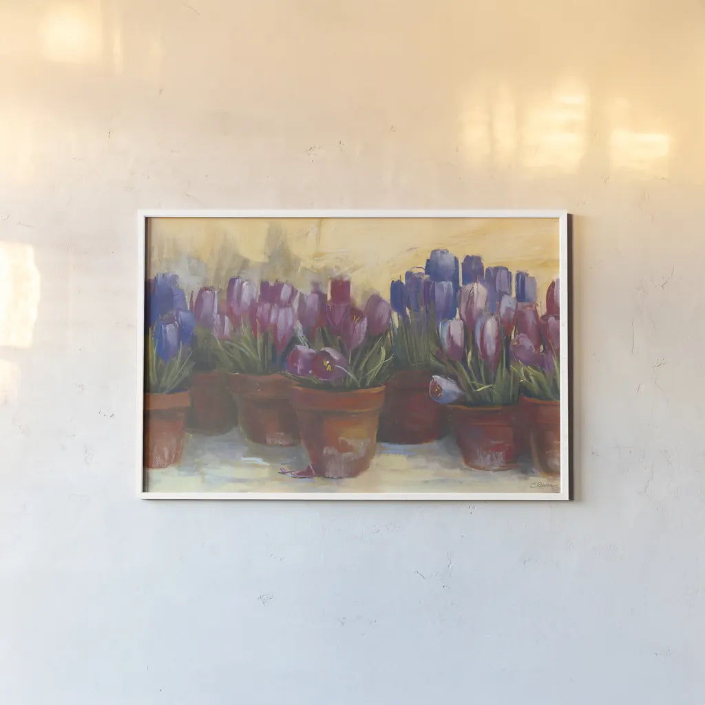 Spring Crocus by Carol Rowan. shown as a paper print in a white frame. Available as a archival giclee rolled canvas, fine art paper, or poster print. SKU 9019i.