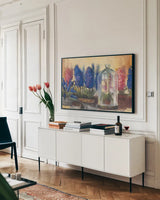 Spring Hyacinths by Carol Rowan. shown as a framed stretched canvas in a living room above a console. Available as a archival giclee rolled canvas, fine art paper, or poster print. SKU 41861i.