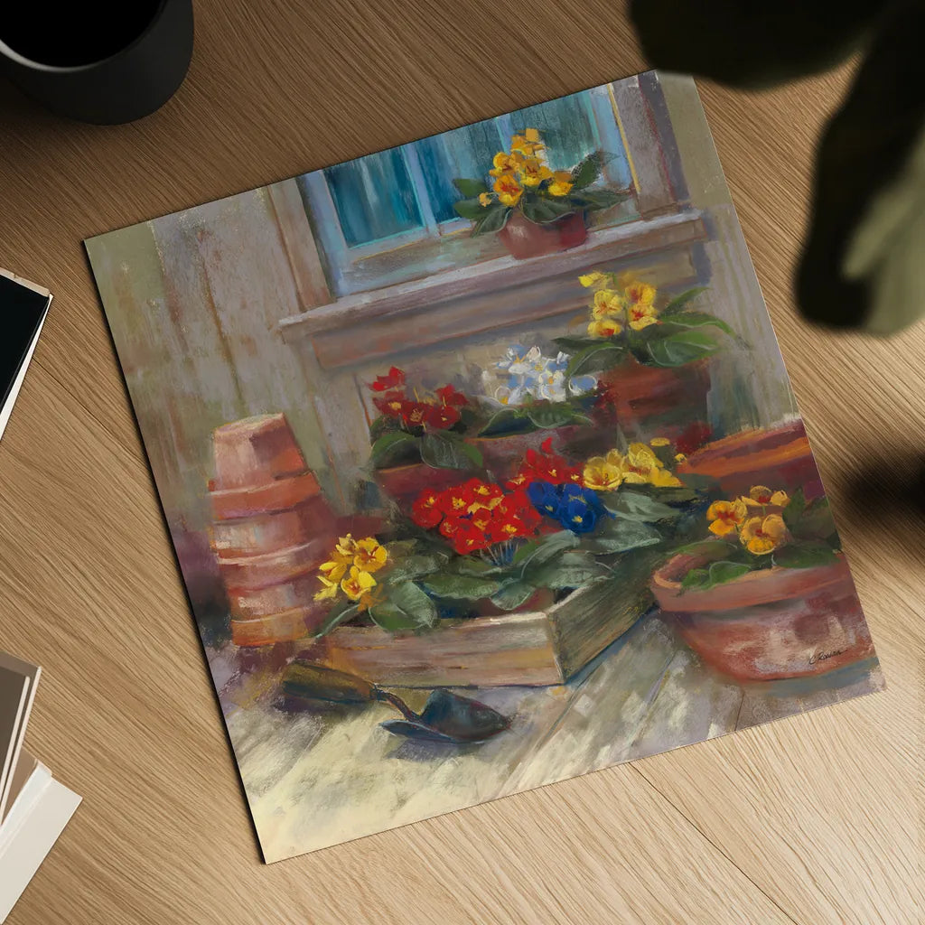 Spring Primula by Carol Rowan. Shown as a detailed flat fine art print, highlighting archival giclee quality. Available as an archival giclee rolled canvas, fine art paper, or poster print. SKU 41964a.