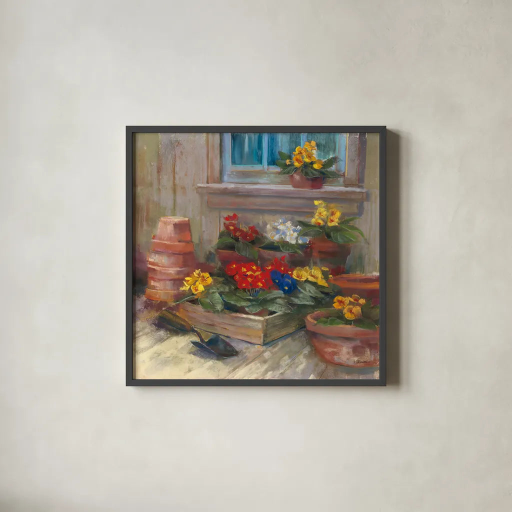 Spring Primula by Carol Rowan. Shown in a sleek black glass frame for a contemporary gallery look. Available as an archival giclee rolled canvas, fine art paper, or poster print. SKU 41964a.