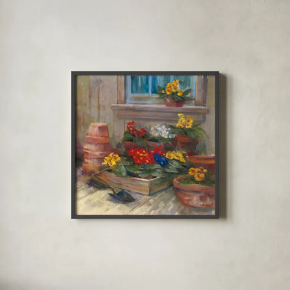 Spring Primula by Carol Rowan. Shown in a sleek black glass frame for a contemporary gallery look. Available as an archival giclee rolled canvas, fine art paper, or poster print. SKU 41964a.