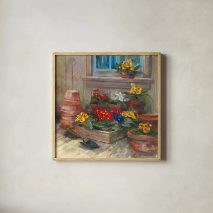 Spring Primula by Carol Rowan. Shown in a natural wood glass frame for a timeless modern aesthetic. Available as an archival giclee rolled canvas, fine art paper, or poster print. SKU 41964a.
