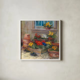 Spring Primula by Carol Rowan. Shown in a crisp white glass frame for a clean and minimalist style. Available as an archival giclee rolled canvas, fine art paper, or poster print. SKU 41964a.