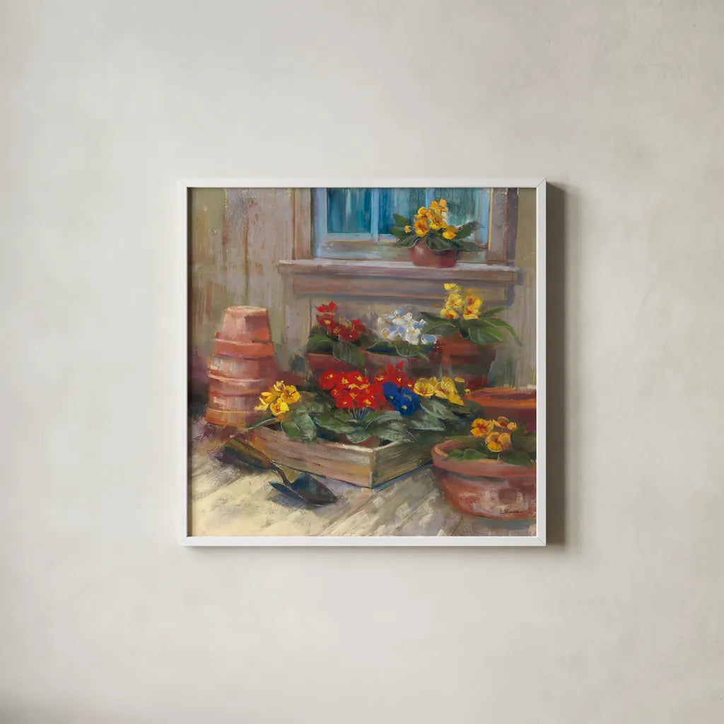 Spring Primula by Carol Rowan. Shown in a crisp white glass frame for a clean and minimalist style. Available as an archival giclee rolled canvas, fine art paper, or poster print. SKU 41964a.