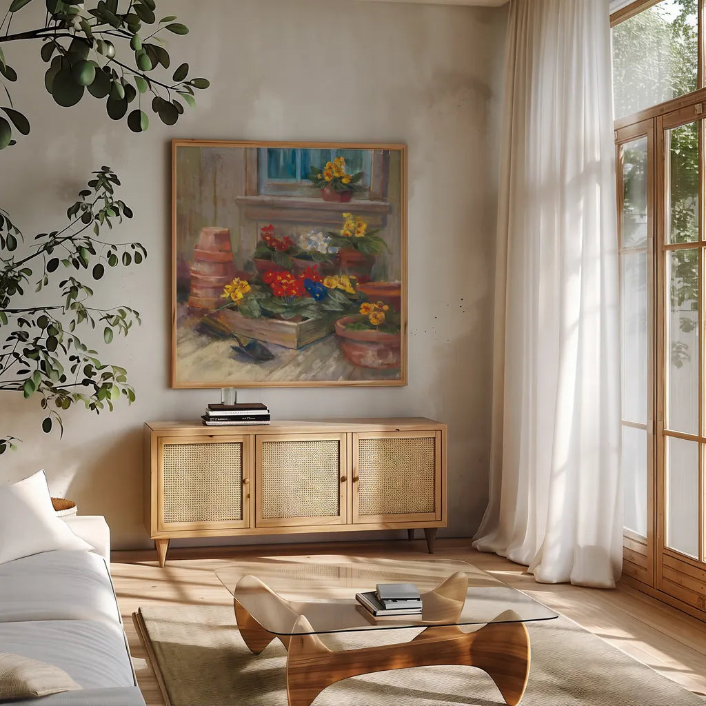 Spring Primula by Carol Rowan. Shown in a natural wood frame in a cozy modern living room. Available as an archival giclee rolled canvas, fine art paper, or poster print. SKU 41964a.