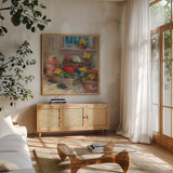 Spring Primula by Carol Rowan. Shown in a natural wood frame in a cozy modern living room. Available as an archival giclee rolled canvas, fine art paper, or poster print. SKU 41964a.