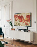 Spring Tulips by Carol Rowan. shown as a framed stretched canvas in a living room above a console. Available as a archival giclee rolled canvas, fine art paper, or poster print. SKU 11674i.