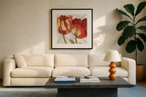 Spring Tulips Red I by Carol Rowan. Displayed in a glass frame with matte in a clean modern living room. Available as an archival giclee rolled canvas, fine art paper, or poster print. SKU 42412a.