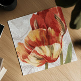 Spring Tulips Red II by Carol Rowan. Shown as a detailed flat fine art print, highlighting archival giclee quality. Available as an archival giclee rolled canvas, fine art paper, or poster print. SKU 42413a.