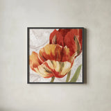 Spring Tulips Red II by Carol Rowan. Shown in a sleek black glass frame for a contemporary gallery look. Available as an archival giclee rolled canvas, fine art paper, or poster print. SKU 42413a.