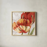 Spring Tulips Red II by Carol Rowan. Shown in a natural wood glass frame for a timeless modern aesthetic. Available as an archival giclee rolled canvas, fine art paper, or poster print. SKU 42413a.