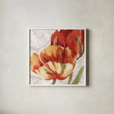 Spring Tulips Red II by Carol Rowan. Shown in a crisp white glass frame for a clean and minimalist style. Available as an archival giclee rolled canvas, fine art paper, or poster print. SKU 42413a.