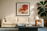 Spring Tulips Red II by Carol Rowan. Displayed in a glass frame with matte in a clean modern living room. Available as an archival giclee rolled canvas, fine art paper, or poster print. SKU 42413a.