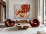 Spring Tulips Red II by Carol Rowan. Shown as extra-large giant wall art in a modern living room. Available as an archival giclee rolled canvas, fine art paper, or poster print. SKU 42413a.