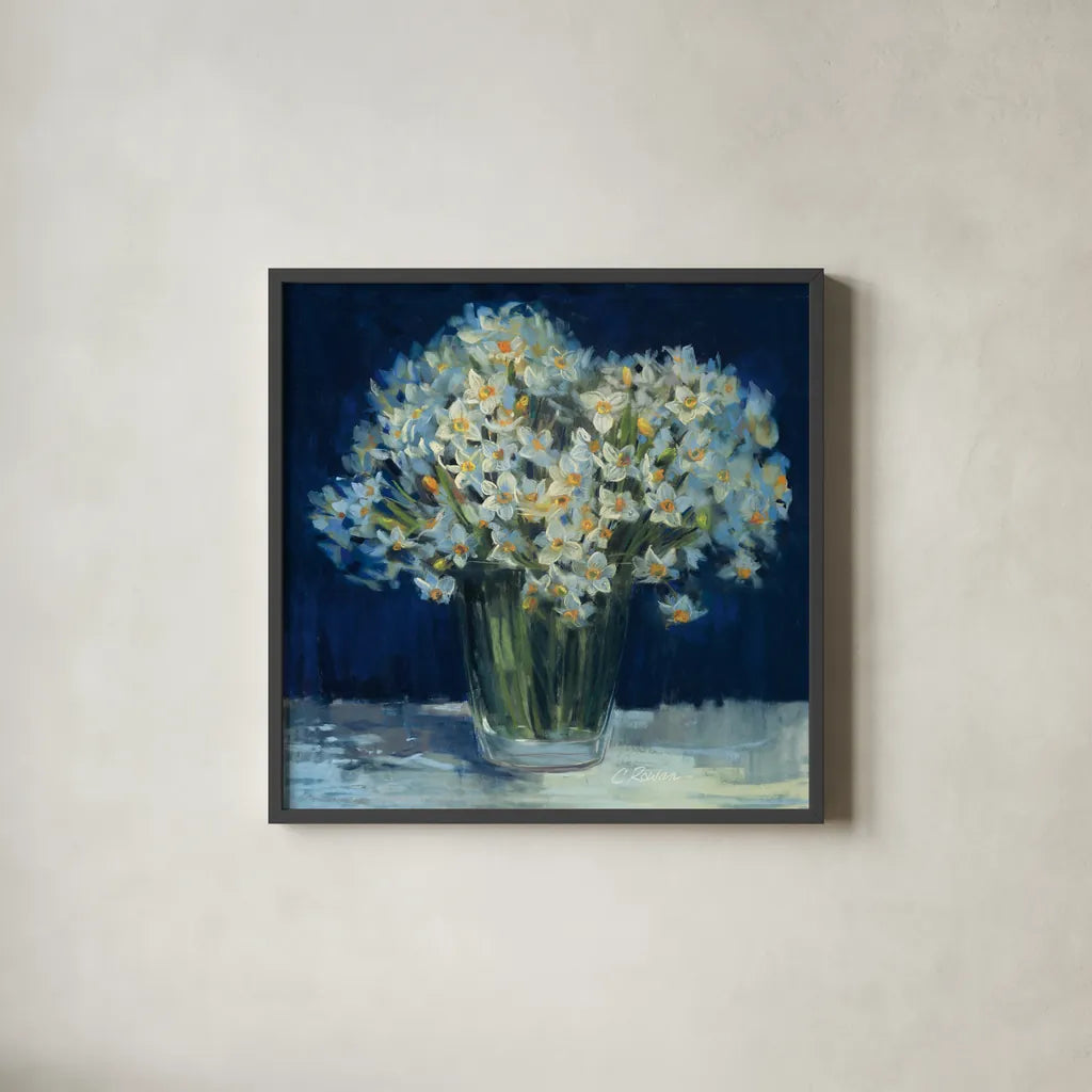 Spring Twilight II v2 by Carol Rowan. Shown in a sleek black glass frame for a contemporary gallery look. Available as an archival giclee rolled canvas, fine art paper, or poster print. SKU 41606a.