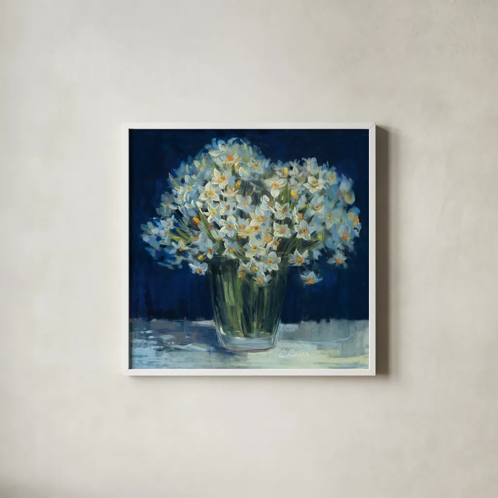 Spring Twilight II v2 by Carol Rowan. Shown in a crisp white glass frame for a clean and minimalist style. Available as an archival giclee rolled canvas, fine art paper, or poster print. SKU 41606a.