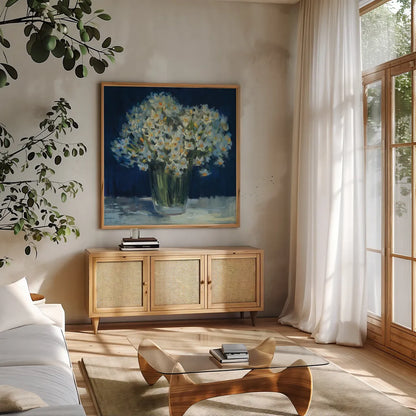 Spring Twilight II v2 by Carol Rowan. Shown in a natural wood frame in a cozy modern living room. Available as an archival giclee rolled canvas, fine art paper, or poster print. SKU 41606a.