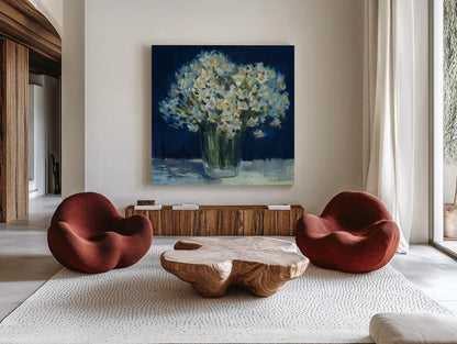 Spring Twilight II v2 by Carol Rowan. Shown as extra-large giant wall art in a modern living room. Available as an archival giclee rolled canvas, fine art paper, or poster print. SKU 41606a.