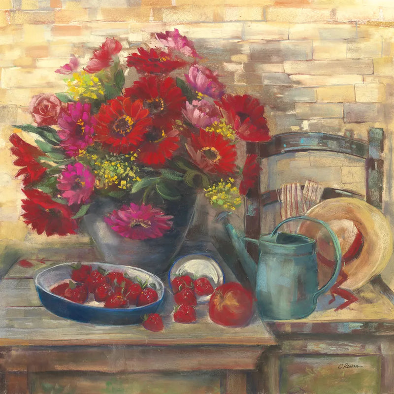 Strawberries and Zinnias by Carol Rowan. SKU 12791a. Archival Giclee Fine art print for wall decor.