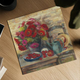 Strawberries and Zinnias by Carol Rowan. Shown as a detailed flat fine art print, highlighting archival giclee quality. Available as an archival giclee rolled canvas, fine art paper, or poster print. SKU 12791a.