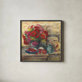 Strawberries and Zinnias by Carol Rowan. Shown in a sleek black glass frame for a contemporary gallery look. Available as an archival giclee rolled canvas, fine art paper, or poster print. SKU 12791a.
