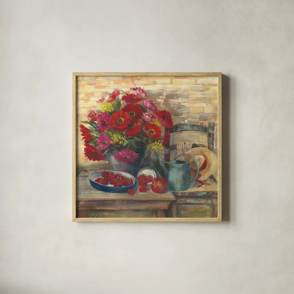 Strawberries and Zinnias by Carol Rowan. Shown in a natural wood glass frame for a timeless modern aesthetic. Available as an archival giclee rolled canvas, fine art paper, or poster print. SKU 12791a.