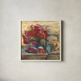 Strawberries and Zinnias by Carol Rowan. Shown in a crisp white glass frame for a clean and minimalist style. Available as an archival giclee rolled canvas, fine art paper, or poster print. SKU 12791a.