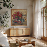 Strawberries and Zinnias by Carol Rowan. Shown in a natural wood frame in a cozy modern living room. Available as an archival giclee rolled canvas, fine art paper, or poster print. SKU 12791a.