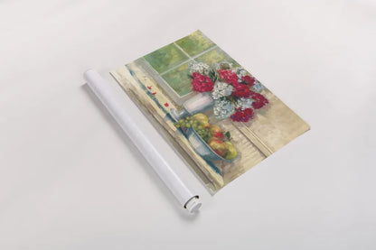 Sue Red White Phlox by Carol Rowan. shown as a rolled paper print. Available as archival giclee rolled canvas, fine art paper, or poster print. SKU 16007i.