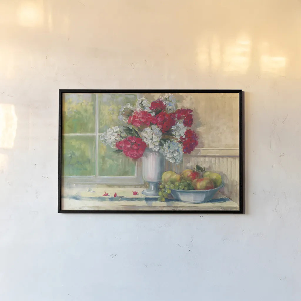 Sue Red White Phlox by Carol Rowan. shown as a paper print in a black flame. Available as a archival giclee rolled canvas, fine art paper, or poster print. SKU 16007i.