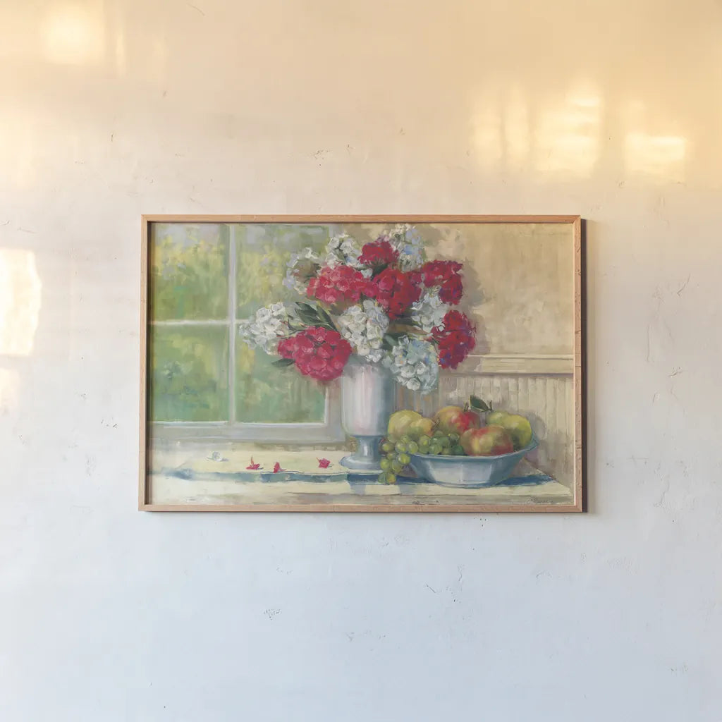 Sue Red White Phlox by Carol Rowan. shown as a paper print in a natural frame. Available as a archival giclee rolled canvas, fine art paper, or poster print. SKU 16007i.
