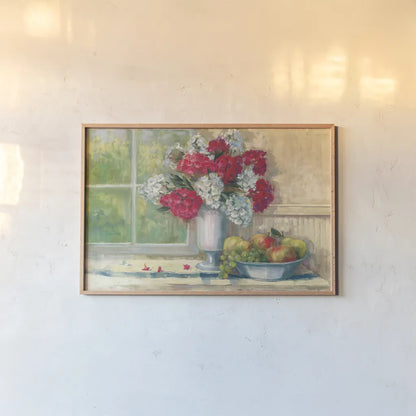 Sue Red White Phlox by Carol Rowan. shown as a paper print in a natural frame. Available as a archival giclee rolled canvas, fine art paper, or poster print. SKU 16007i.
