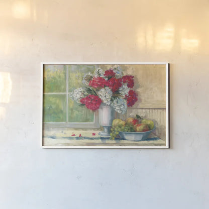Sue Red White Phlox by Carol Rowan. shown as a paper print in a white frame. Available as a archival giclee rolled canvas, fine art paper, or poster print. SKU 16007i.