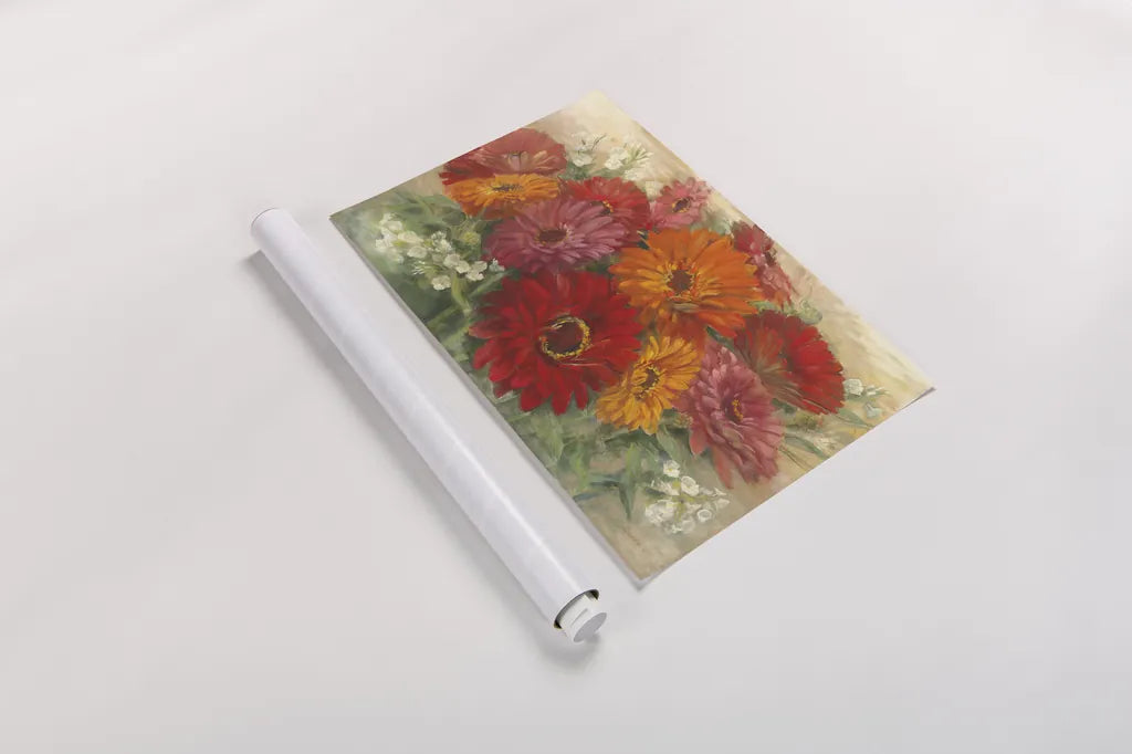 Summer Gerbera Bouquet by Carol Rowan. shown as a rolled paper print. Available as archival giclee rolled canvas, fine art paper, or poster print. SKU 41950i.