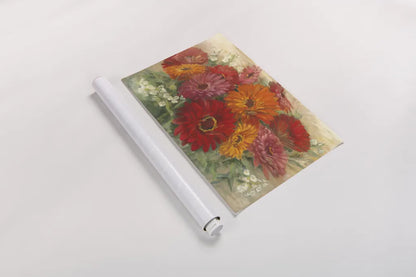 Summer Gerbera Bouquet by Carol Rowan. shown as a rolled paper print. Available as archival giclee rolled canvas, fine art paper, or poster print. SKU 41950i.