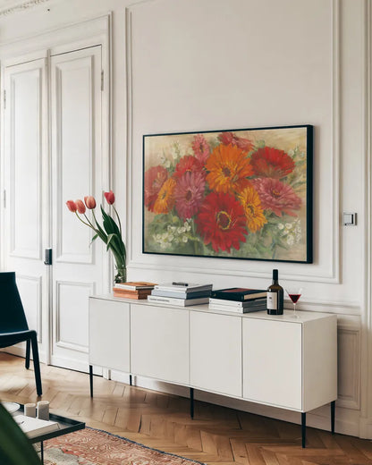 Summer Gerbera Bouquet by Carol Rowan. shown as a framed stretched canvas in a living room above a console. Available as a archival giclee rolled canvas, fine art paper, or poster print. SKU 41950i.