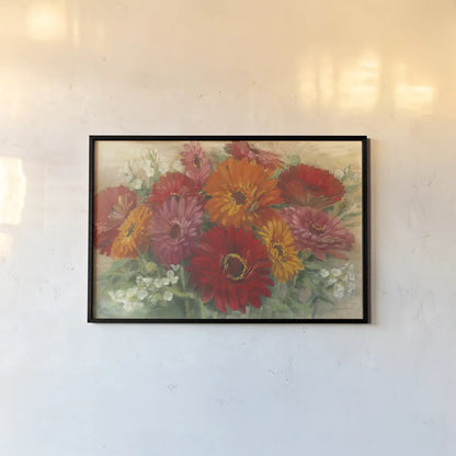 Summer Gerbera Bouquet by Carol Rowan. shown as a paper print in a black flame. Available as a archival giclee rolled canvas, fine art paper, or poster print. SKU 41950i.
